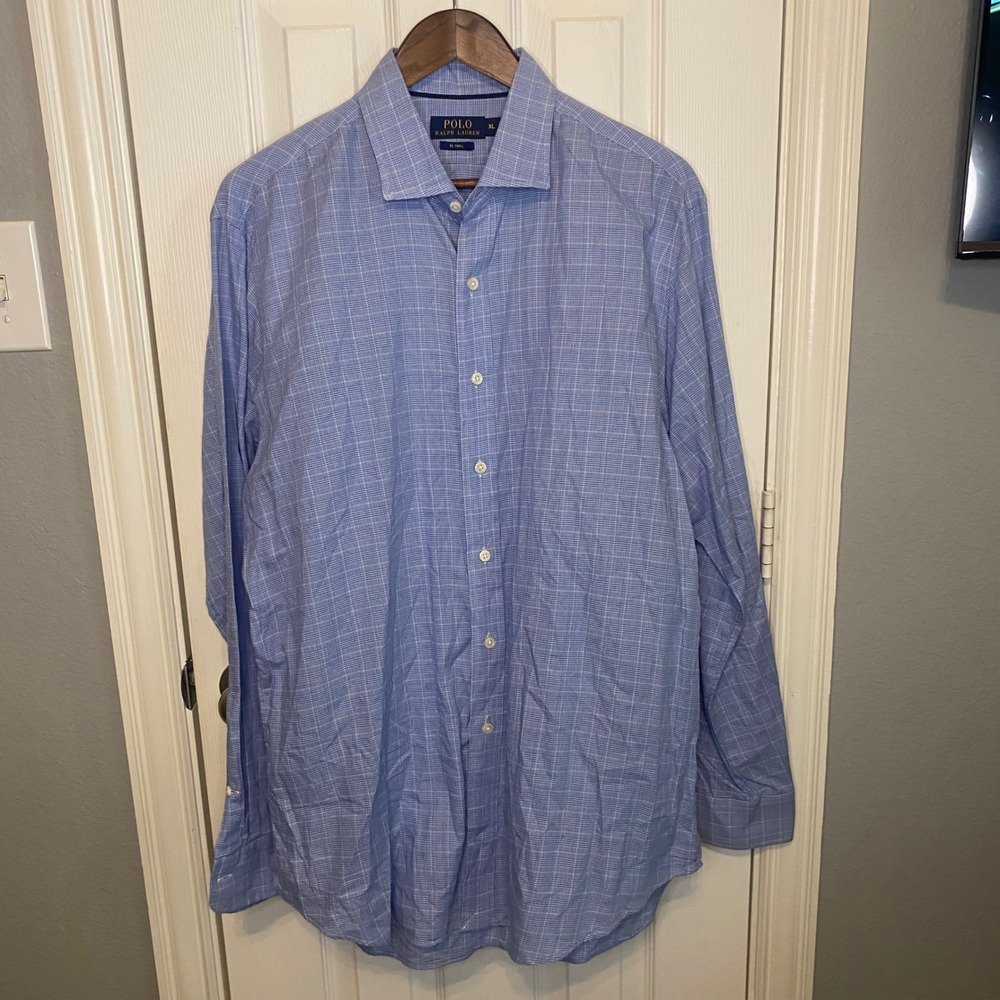 Polo Ralph Lauren XL Tall Twill Blue White Glen Plaid Button Down‎ Dress Shirt